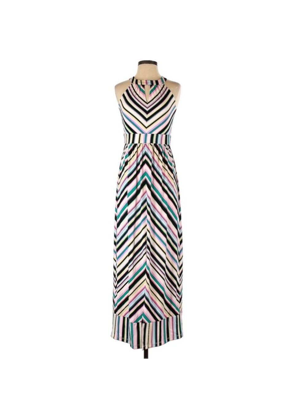 Roz & Ali Keyhole striped Maxi dress Split  XS New with Tags